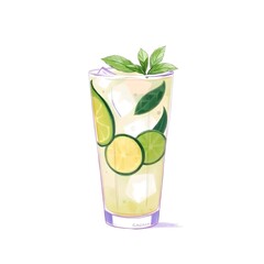 Soft pastel colors, hand-drawn sketch, rough lines, textured pencil strokes, white background, gentle and soothing, a glass of blended cucumber, mint, and lime, ice and mint sprig.