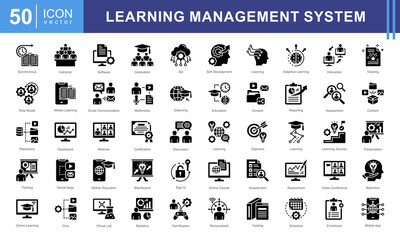 Learning Management System icon collection set. Containing blended, virtual classroom, courseware, gamification, assessment, synchronous, course catalog icon. Simple vectors illustration.