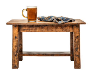 Refreshing beer mug on rustic wooden table cozy indoor setting high fidelity perfect for beverage lovers isolated on transparent background png