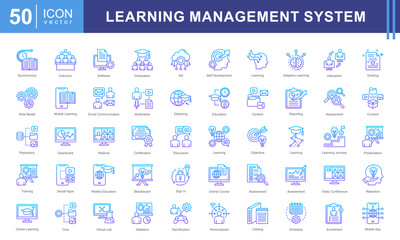 Learning Management System icon collection set. Containing blended, virtual classroom, courseware, gamification, assessment, synchronous, course catalog icon. Simple vectors illustration.