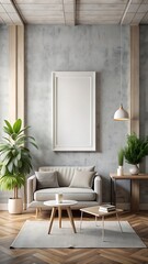 Fototapeta premium Mockup poster in modern living room interior background, 3D render, white Mock up frame