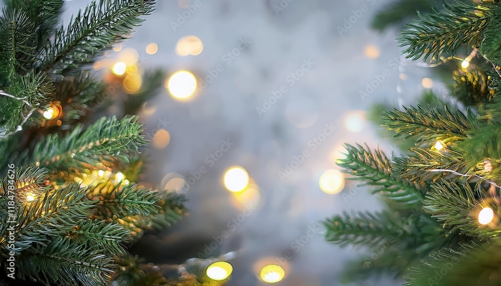 Poster close-up of evergreen christmas tree branches with glowing string lights and blurred bokeh background, perfect for festive designs