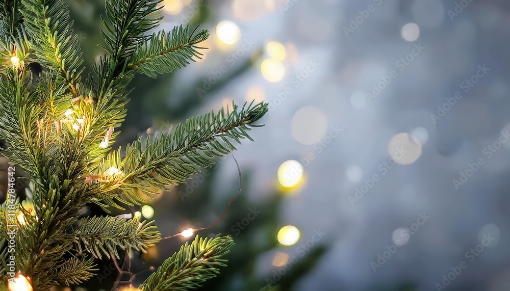 Poster close-up of evergreen christmas tree branches with glowing string lights and blurred bokeh background, perfect for festive designs