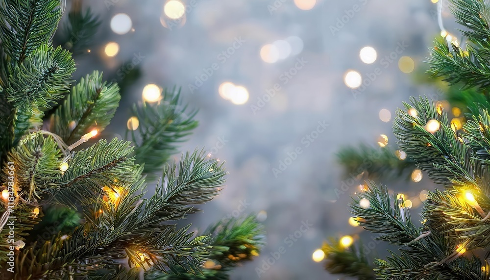 Poster close-up of evergreen christmas tree branches with glowing string lights and blurred bokeh background, perfect for festive designs