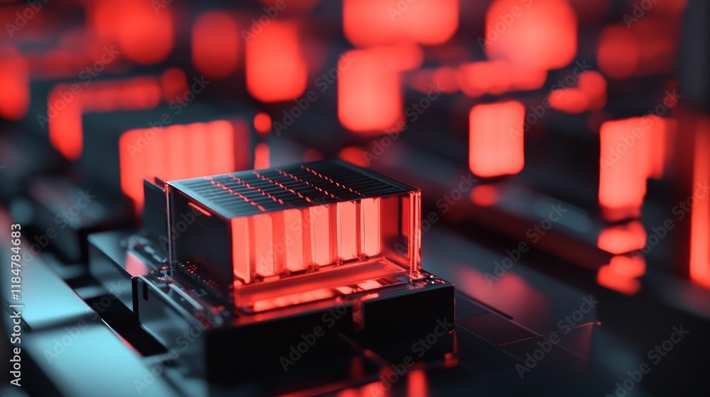 Poster red illuminated components on dark circuit board.