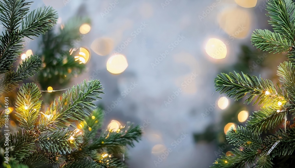 Poster close-up of evergreen christmas tree branches with glowing string lights and blurred bokeh background, perfect for festive designs