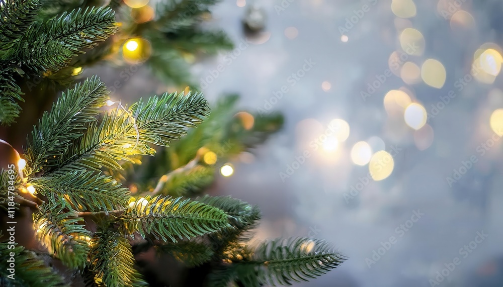 Poster close-up of evergreen christmas tree branches with glowing string lights and blurred bokeh background, perfect for festive designs