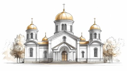 Fototapeta premium Orthodox church in a peaceful landscape, highlighting its traditional architecture and serene atmosphere, illustration-style artistic backdrop