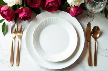 A blank white invitation lies on a plate. Wedding table setting with peonies.
