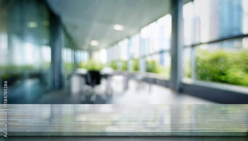 Aufkleber minimalistic office environment with blurred green background and reflective wooden table surface ideal for mockups or presentations

