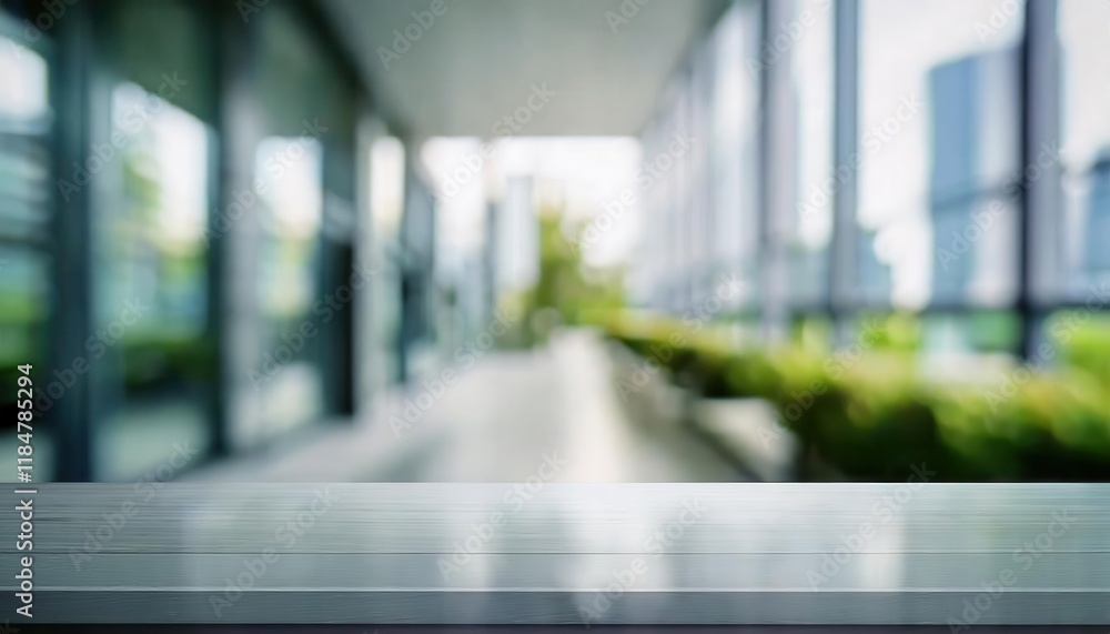 Aufkleber minimalistic office environment with blurred green background and reflective wooden table surface id