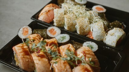 Closeup of assorted sushi rolls in black trays on concrete surface showing variety and freshness of japanese cuisine