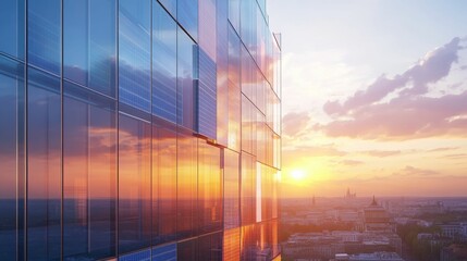 Glass building reflects sunset, city skyline.