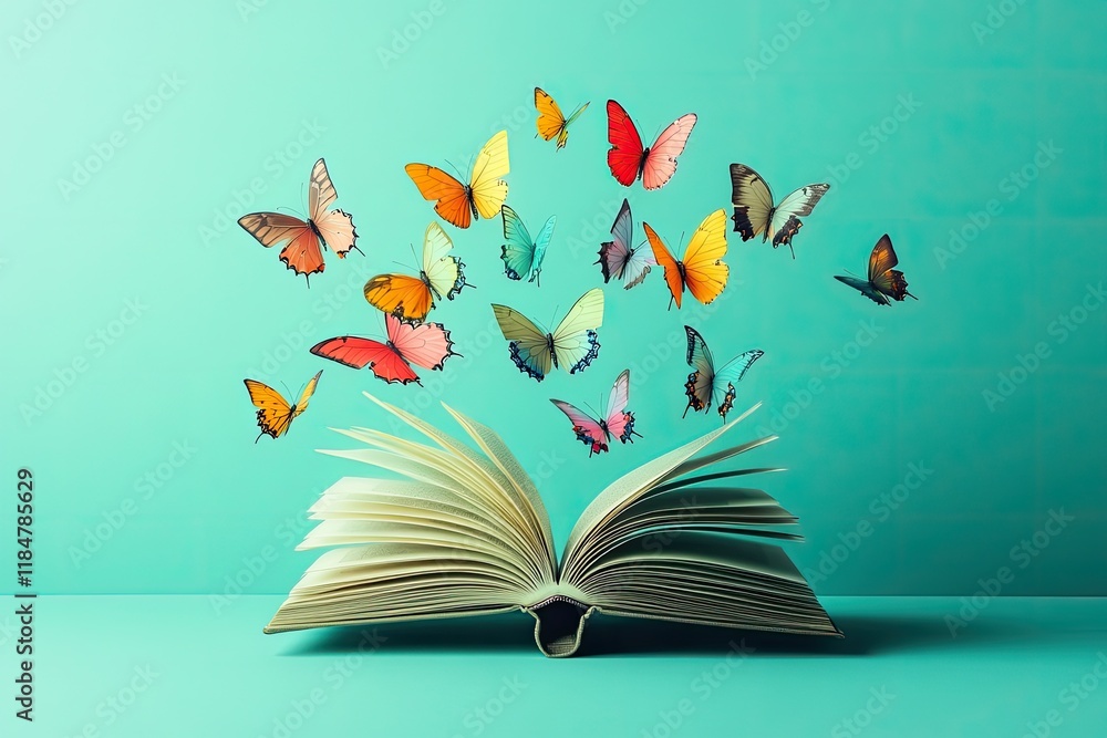 Poster depiction of open book with colorful butterflies emerging from its pages floating against smooth tur