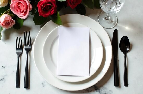A blank white invitation lies on a plate. Wedding table setting with roses.