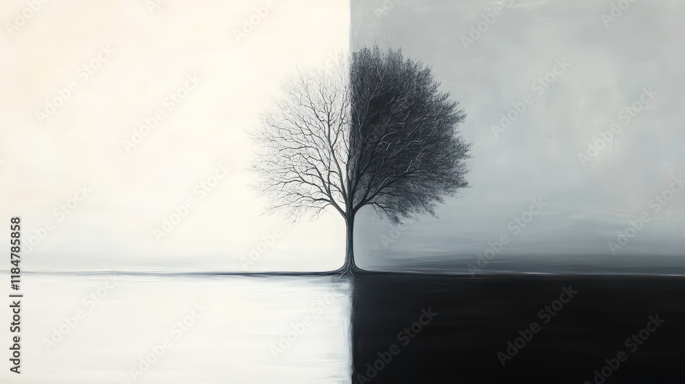 Poster a tree split by contrasting light and dark backgrounds, symbolizing duality.