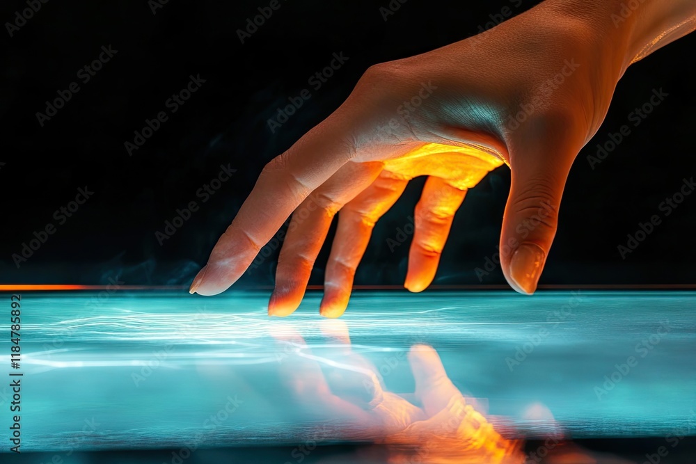 Poster dramatic image of hand touching glowing interface symbolizing merging of human thought with technolo