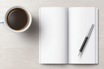 Coffee cup beside an empty notebook and pen on a wooden table
