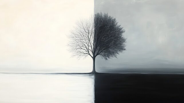 A tree split by contrasting light and dark backgrounds, symbolizing duality.