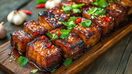 Slices of pork belly fried to a golden crisp, glistening with fish sauce, laid out on a rectangular wooden platter with garlic cloves and red chili garnish.