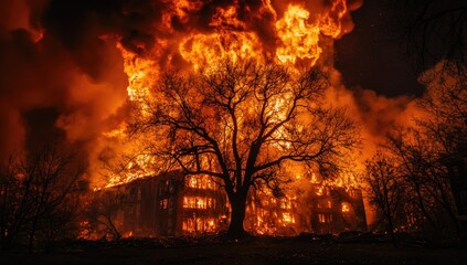 A massive fire consumes an abandoned structure, sending bright flames and smoke into the night sky. The surrounding trees stand silhouetted against the inferno that threatens the area