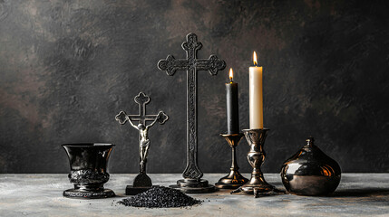 religious ritual items arranged on rustic table: cross, ashes, candle