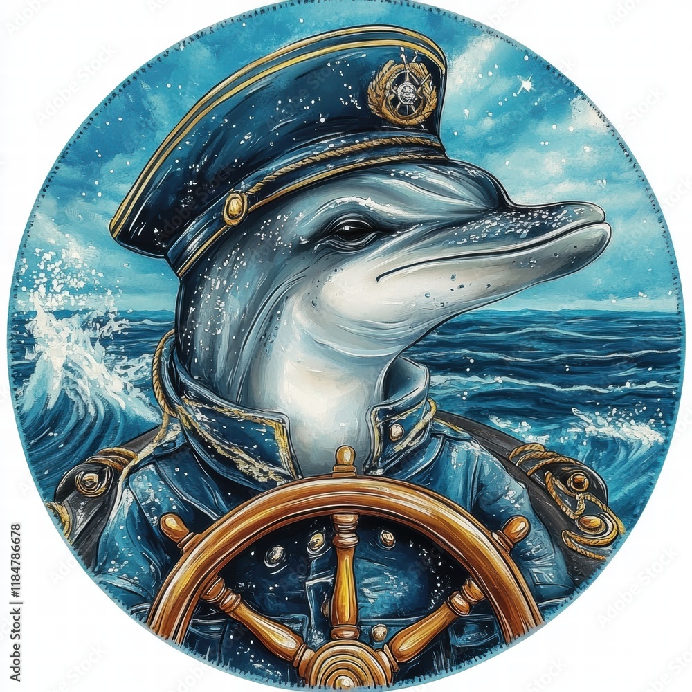 Poster dolphin dressed as a ship captain steering a ships wheel through the ocean waves on a sunny day. gen