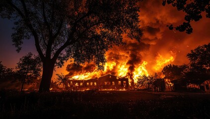 Obraz premium An abandoned structure is consumed by an aggressive blaze as twilight descends