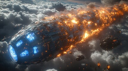 Burning spaceship atmospheric destruction cloudscape