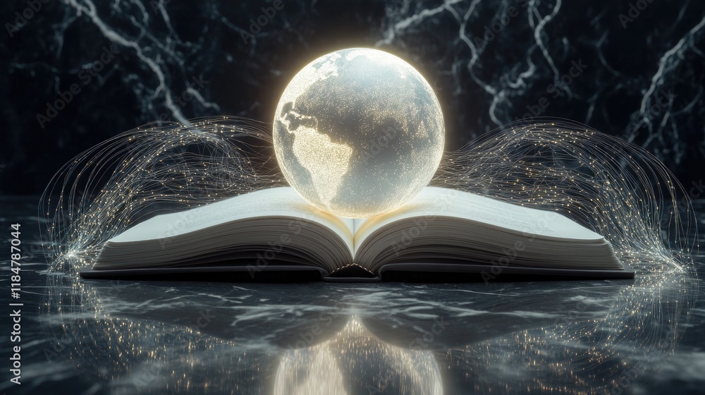 Poster glowing globe resting on top of open book surrounded by faint shimmering light trails on reflective 