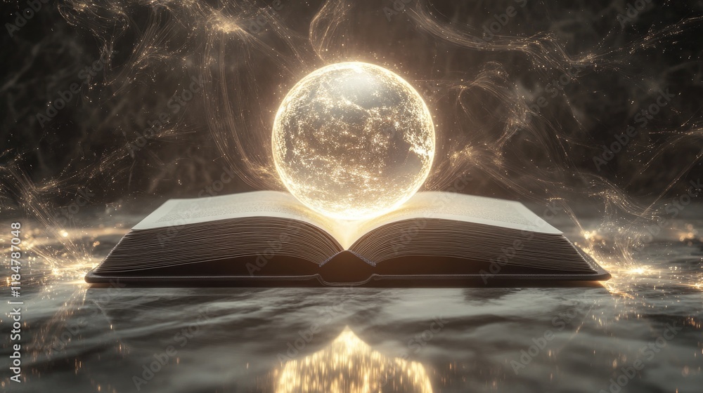 Poster glowing globe resting on top of open book surrounded by faint shimmering light trails on reflective 