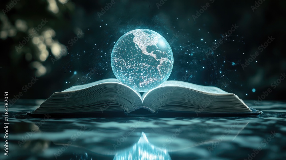 Poster glowing globe resting on top of open book surrounded by faint shimmering light trails on reflective 