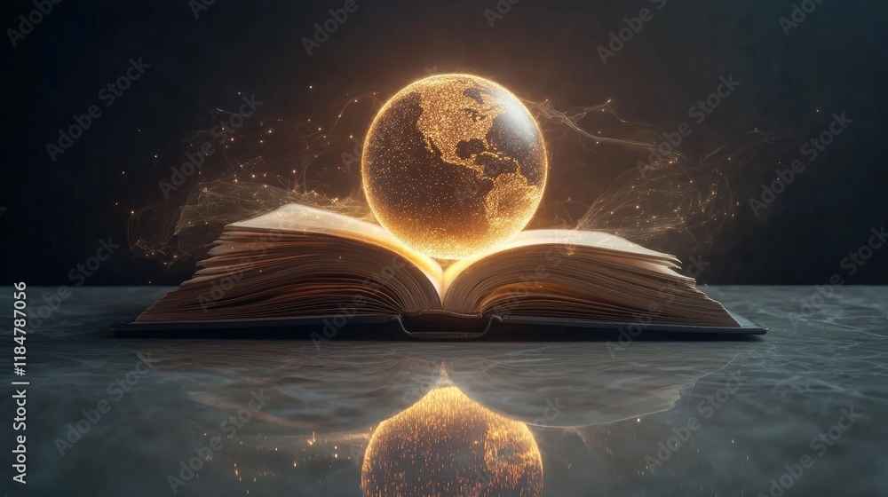 Poster glowing globe resting on top of open book surrounded by faint shimmering light trails on reflective 