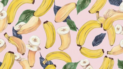Banana Pattern Design with Tropical Leaves - Beautiful Fruit Illustration
