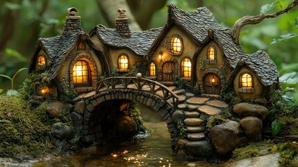 Fototapeta premium Enchanting Miniature Cottage Bridge Illuminated at Night