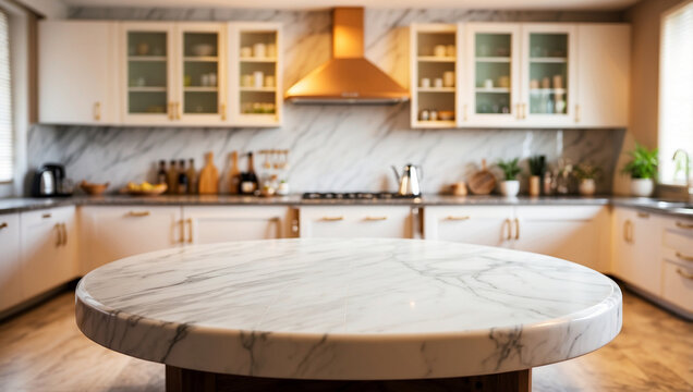  empty round marble table for product display with a white blurred kitchen background