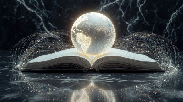 glowing globe resting on top of open book surrounded by faint shimmering light trails on reflective marble surface