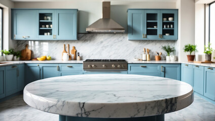 empty round marble table for product display with a light blue blurred kitchen background 