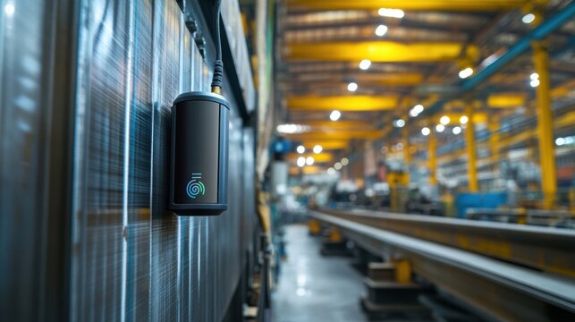 Wireless sensor mounted on a wall, gathering data in a smart factory, enhancing efficiency and driving automation within manufacturing processes for optimal performance
