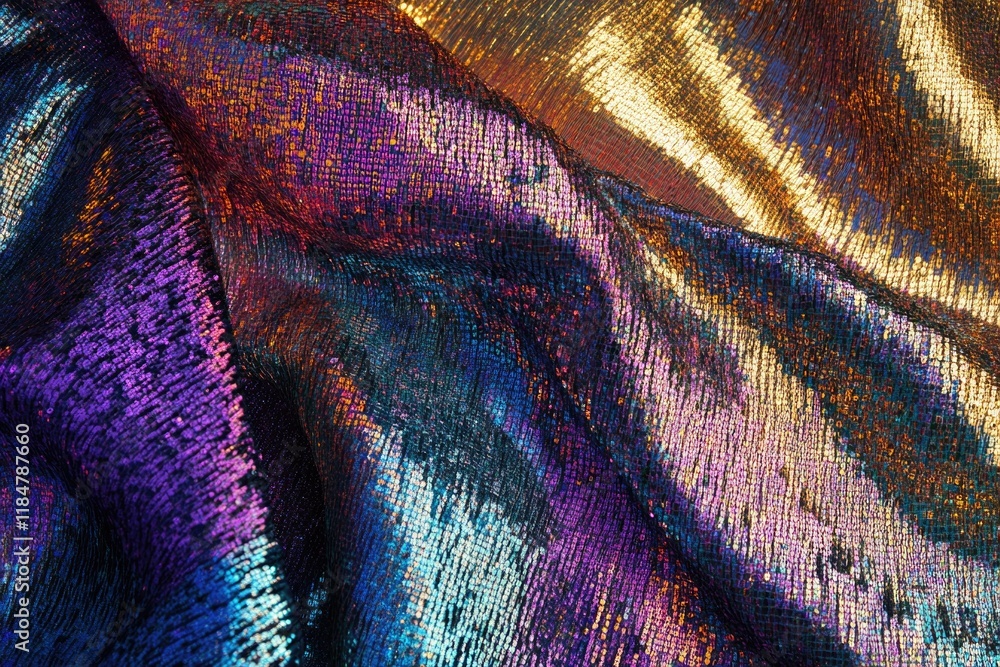 Poster macro shot of glittering sequin fabric in multicolor capturing light reflections with detail and gen