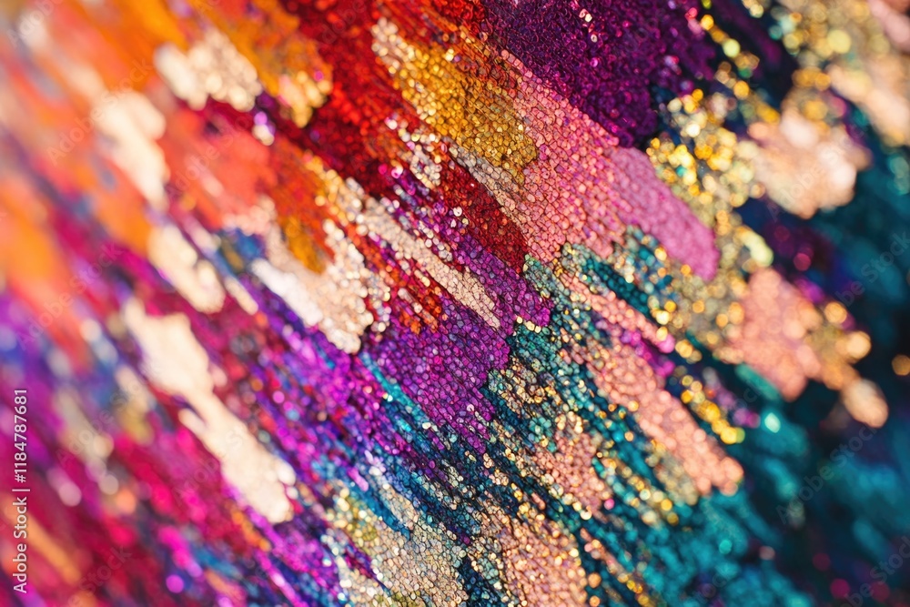 Poster macro shot of glittering sequin fabric in multicolor capturing light reflections with detail and gen
