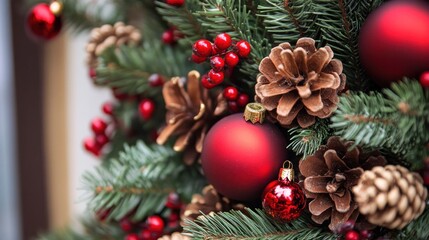 Close-up of Festive Christmas Decorations on a Pine Branch