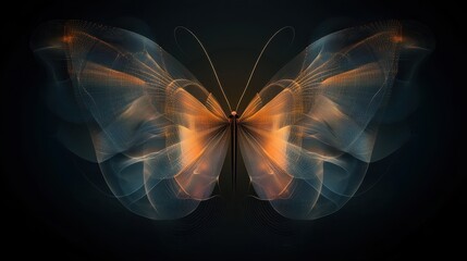 Digital art featuring a butterfly with glowing orange and blue wings against a dark background, showcasing vibrant lines and intricate details. Generative AI