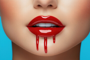 Obraz premium Bold red lips with glossy drip stand out against a blue background