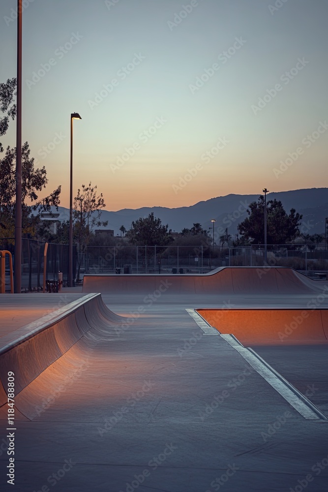 Poster serene view of empty skatepark at dawn ramps and rails highlighted by soft lighting