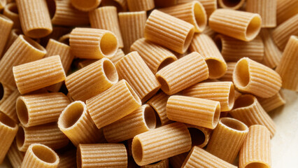 Closeup image of whole wheat pasta rigatoni pieces piled together showcasing a textured and rustic...