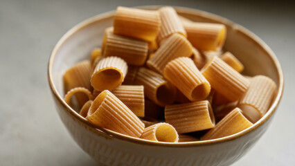 Closeup bowl filled with uncooked rigatoni pasta on gray background perfect for culinary recipes or italian cuisine promotions