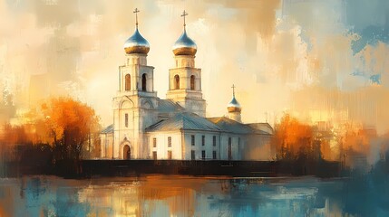 Orthodox cathedral with stunning domes and classic design, radiating spiritual calmness, providing an artistic book illustration aesthetic