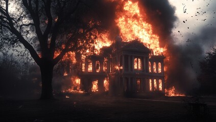 Fototapeta premium A historic mansion is completely consumed by roaring flames as thick smoke billows into the darkening sky, creating a chaotic and haunting atmosphere during twilight hours