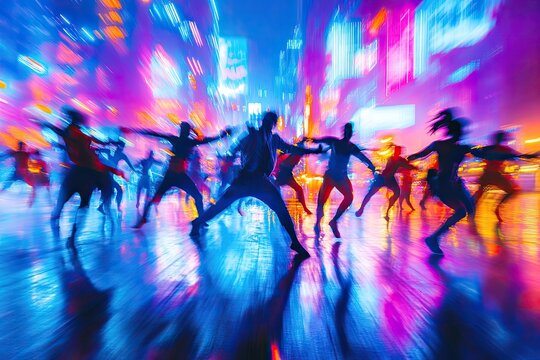 vibrant action shot of street dance group performing under neon lights their movements captured dynamically with cityscape